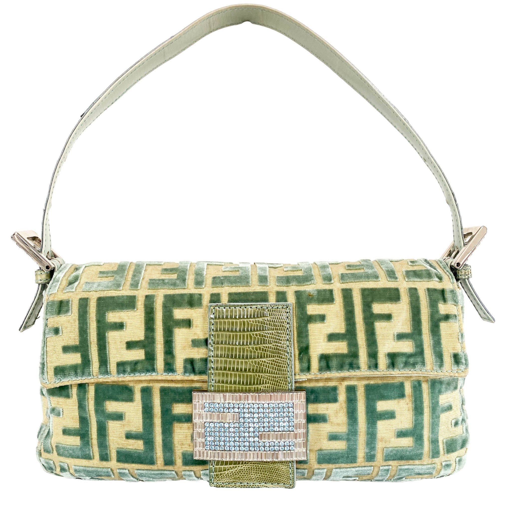 FENDI Baguette Green Velvet Logo Embroidered Rhinestone Hardware HIVE PRELOVED