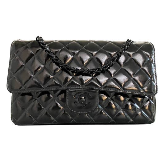 CHANEL Classic Double Flap Quilted Patent Leather Bag Matte Black Hardware, Patent Leather in Black, Sold by HIVE PRELOVED