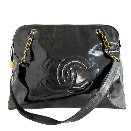 CHANEL Patent Leather Large CC Logo Double Chain Shoulder Bag, Patent Leather in Black, Sold by HIVE PRELOVED - Shoulder Bags