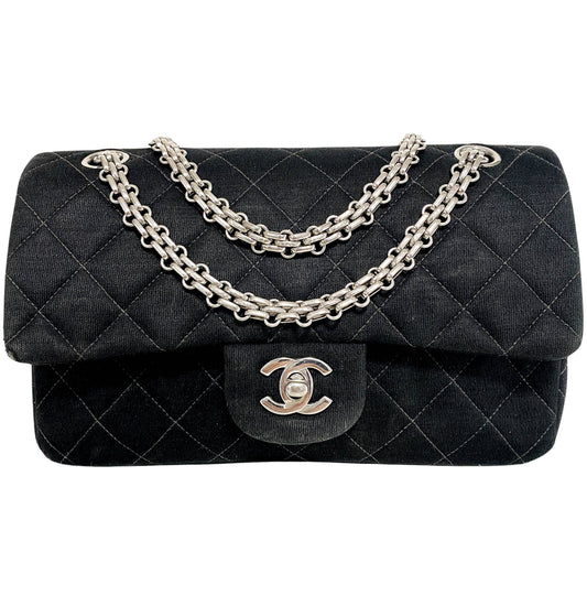 CHANEL Timeless Classic Cotton Double Flap Double Chain Bag Black Silver Hardware, in , Sold by HIVE PRELOVED - Shoulder Bags