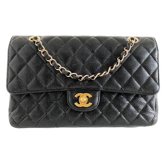 CHANEL Timeless Classic Double Flap Caviar Leather Chain Shoulder Bag, Grain Calfskin Leather in Black, Sold by HIVE PRELOVED