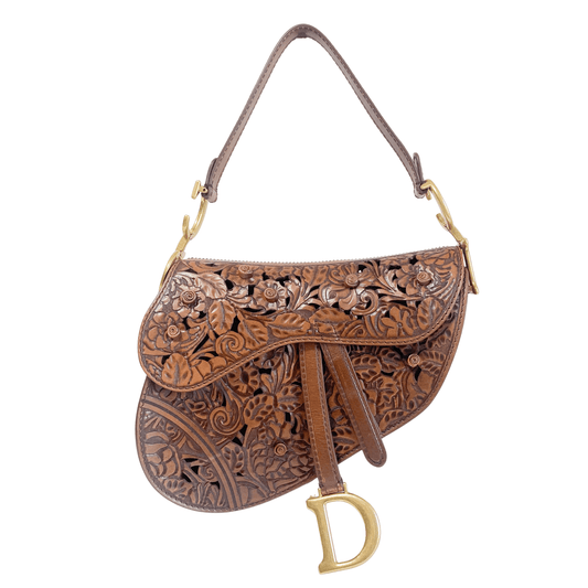 DIOR Laser Cut Floral Leather Saddle Bag Brown Shoulder Bag, in , Sold by HIVE PRELOVED - Shoulder Bags, ,