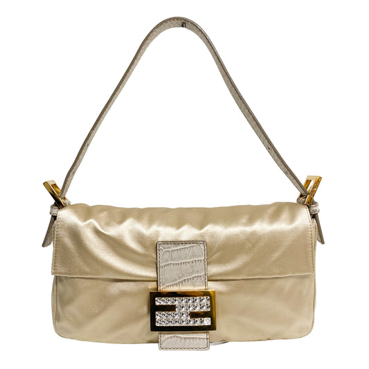 FENDI Baguette Beige Satin with Rhinestone Hardware, in , Sold by HIVE PRELOVED - Shoulder Bags, ,