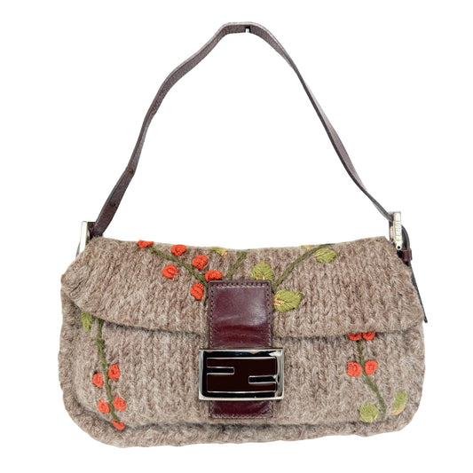 FENDI Baguette Brown Wool with Flower Embroidery, in , Sold by HIVE PRELOVED - Shoulder Bags, ,