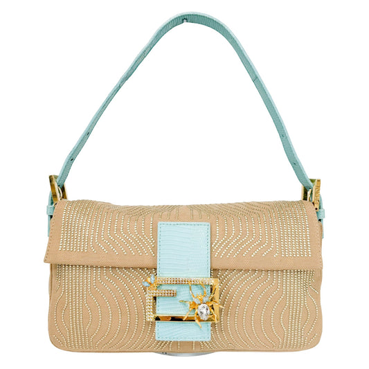 FENDI Baguette Canvas Studded Spider Hardware Beige / Turquoise Shoulder Bag, in , Sold by HIVE PRELOVED - Shoulder Bags, ,