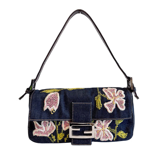 FENDI Baguette Denim Floral Embroidery Shoulder Bag, in , Sold by HIVE PRELOVED - Shoulder Bags, ,