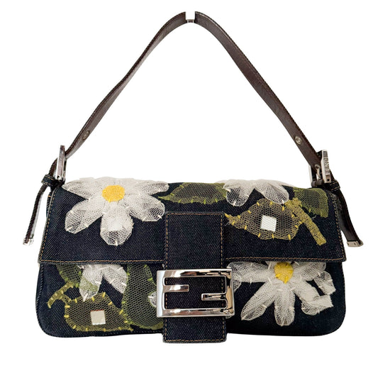 FENDI Baguette Denim Flower Embroidered Shoulder Bag, in , Sold by HIVE PRELOVED - Shoulder Bags, ,