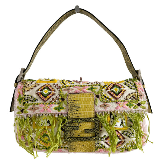 FENDI Baguette Embroidered Beaded Pink / Green Shoulder Bag, in , Sold by HIVE PRELOVED - Shoulder Bags, ,