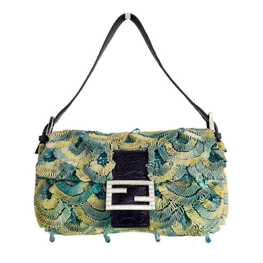 FENDI Baguette Green Pleated Silk Sky Blue Beads Rhinestones Hardware Shoulder Bag, in , Sold by HIVE PRELOVED - Shoulder Bag