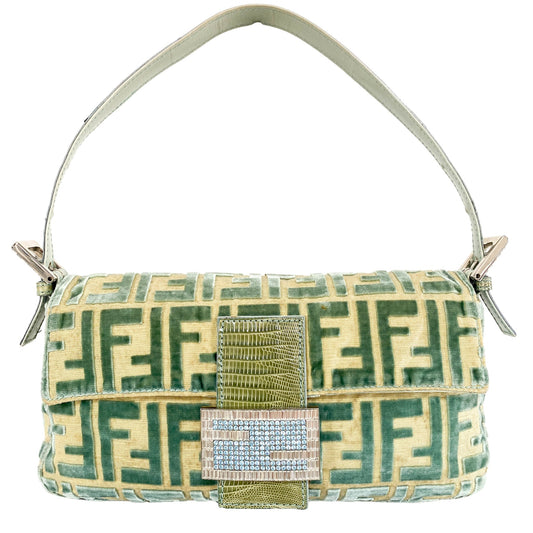 FENDI Baguette Green Velvet Logo Embroidered Rhinestone Hardware, Velvet in Green, Sold by HIVE PRELOVED - Shoulder Bags, ,