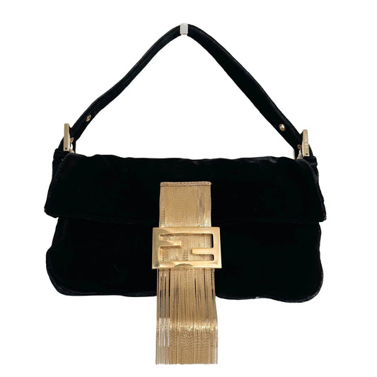 FENDI Baguette in Black Velvet with Gold Metallic Fringing, in , Sold by HIVE PRELOVED - Shoulder Bags, ,