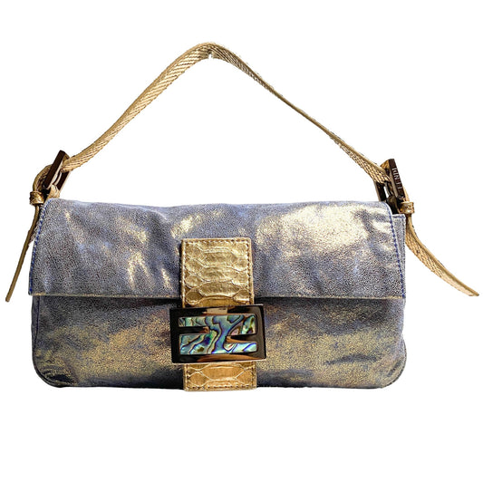 FENDI Baguette Metallic Blue / Gold Leather Shoulder Bag Python Strap Marble Hardware, Sold by HIVE PRELOVED-Shoulder Bags