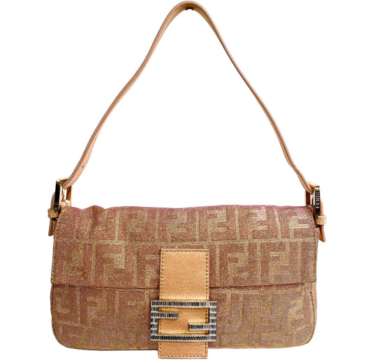 FENDI Baguette Pink x Gold Sparkly Zucca Canvas With Rhinestone Hardware 8BR600, in , Sold by HIVE PRELOVED - Shoulder Bags