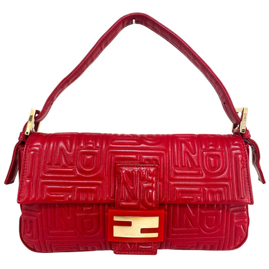 FENDI Baguette Red Nappa Leather Logo Embossed Shoulder bag, in , Sold by HIVE PRELOVED - Shoulder Bags, ,