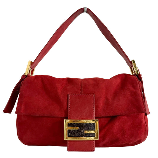 FENDI Baguette Red Suede Shoulder Bag Purple Glitter / Gold Hardware, in , Sold by HIVE PRELOVED - Shoulder Bags, ,