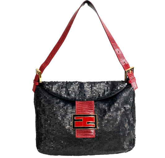 FENDI Baguette Sequins x Lizard Shoulder bag Black x red, in , Sold by HIVE PRELOVED - Shoulder Bags, ,