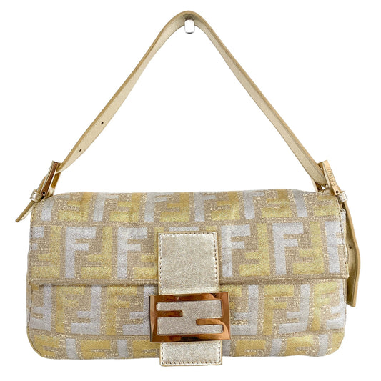 FENDI Baguette Silver / Gold Logo Embroidered Cotton Fabric, in , Sold by HIVE PRELOVED - Shoulder Bags, ,