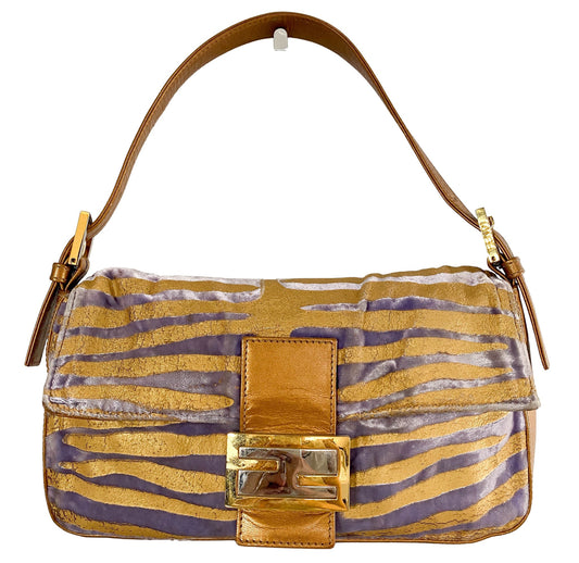 FENDI Baguette Tiger Gold Zebra Pattern Leather x Velvet Shoulder Bag, in , Sold by HIVE PRELOVED - Shoulder Bags, ,