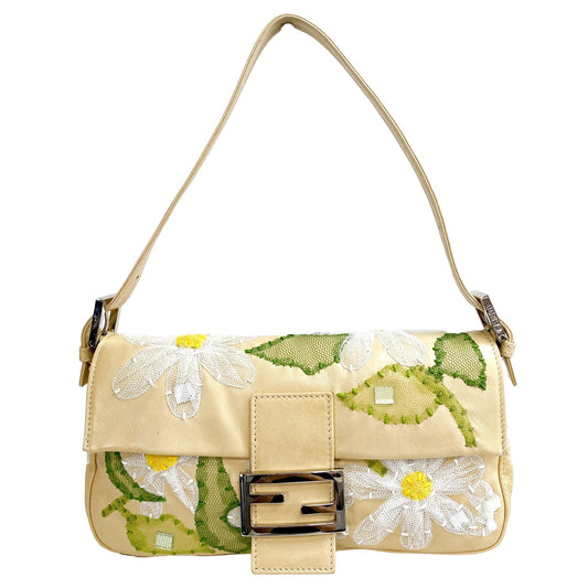 FENDI Beige Leather Baguette With Embroidered Flowers, in , Sold by HIVE PRELOVED - Shoulder Bags, ,