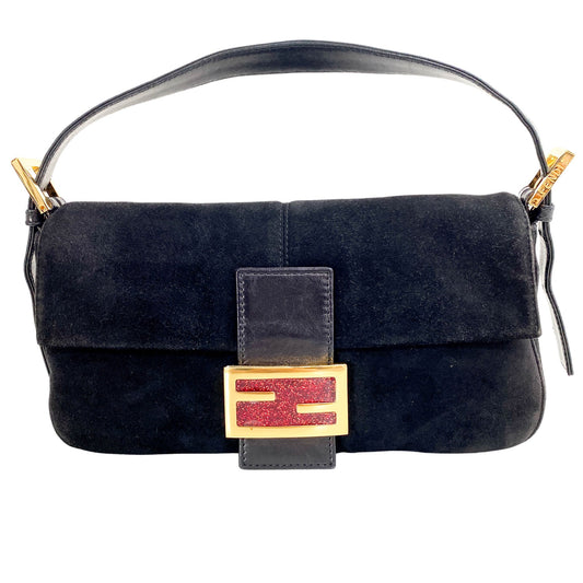 FENDI Black Suede Baguette Bag With Red Glitter Enamel FF Logo Buckle, in , Sold by HIVE PRELOVED - Shoulder Bags, ,