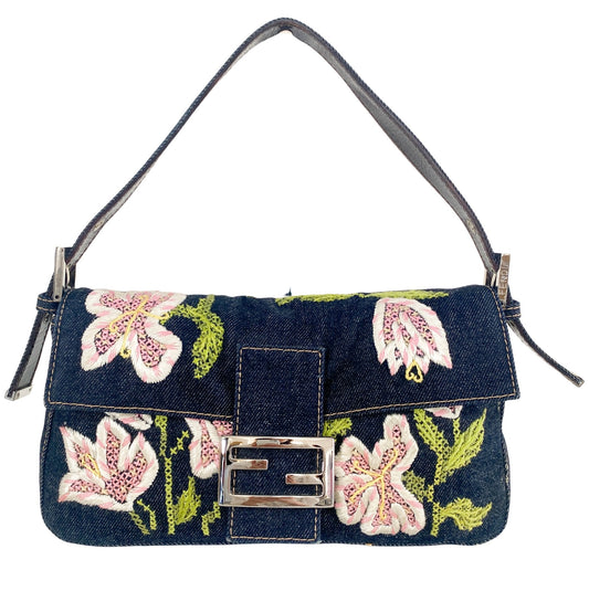 FENDI Denim Floral Embroidered Baguette Bag, in , Sold by HIVE PRELOVED - Shoulder Bags, ,