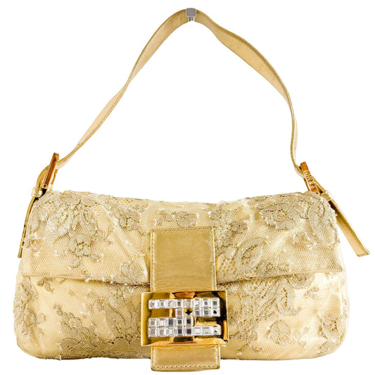 FENDI Metallic Gold Leather and Lace Crystal Embellished Baguette Shoulder Bag, in , Sold by HIVE PRELOVED - Shoulder Bags, ,