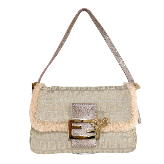 FENDI Silver Canvas and Pink Fur Mini Baguette with Squirrel Charm, in , Sold by HIVE PRELOVED - Shoulder Bags, ,