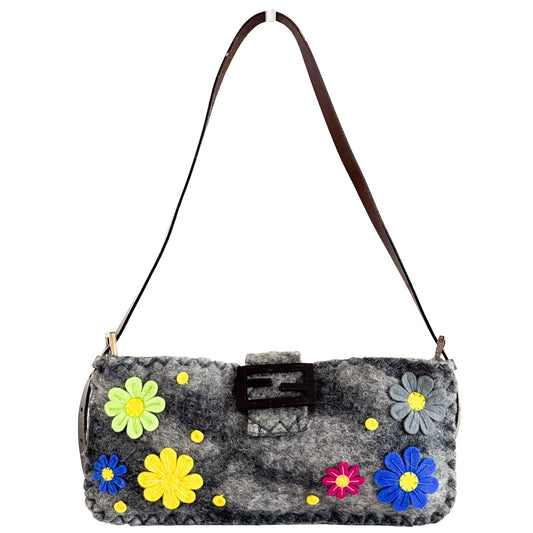 FENDI Wool Baguette with Flower Embroidery Shoulder Bag, in , Sold by HIVE PRELOVED - Shoulder Bags, ,