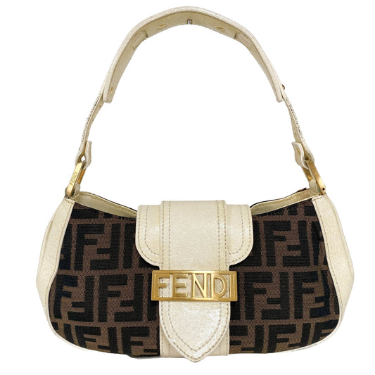 FENDI Zucca / Ivory Leather FENDI Logo Gold Hardware Shoulder Bag, in , Sold by HIVE PRELOVED - Shoulder Bags, ,