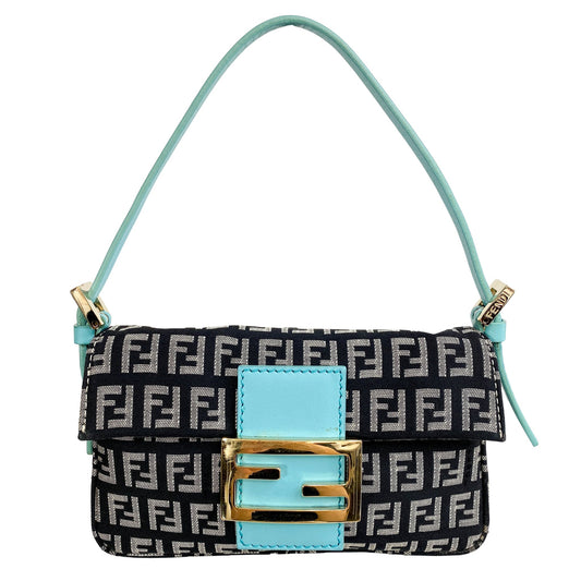 FENDI Zucchino Mini Baguette Black Canvas Blue Leather Shoulder Bag, in , Sold by HIVE PRELOVED - Shoulder Bags, ,