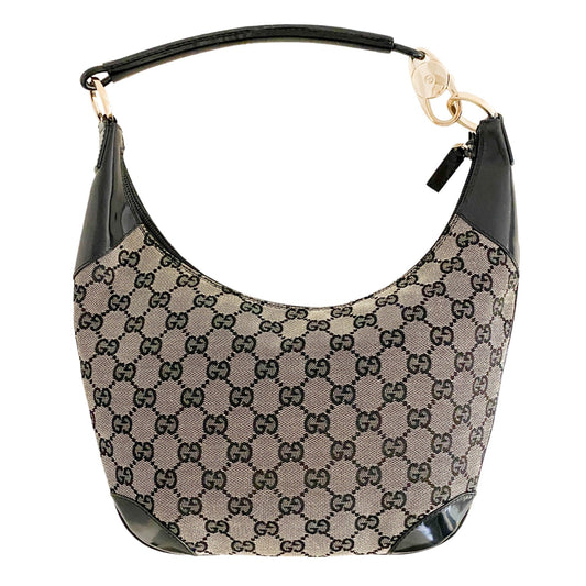 GUCCI Black Patent Leather Hobo Canvas Handbag, Cotton Canvas in Black, Sold by HIVE PRELOVED - , ,