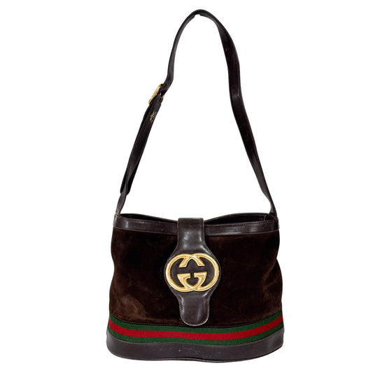 GUCCI GG Interlocking Sherry Line Brown Suede Bucket Shoulder Bag, in , Sold by HIVE PRELOVED - Shoulder Bags, ,