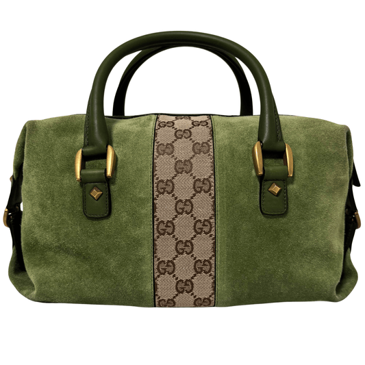 GUCCI Suede Small Boston Bag Green Monogram GG Canvas Leather Bowling, in , Sold by HIVE PRELOVED - Handle Bags, ,