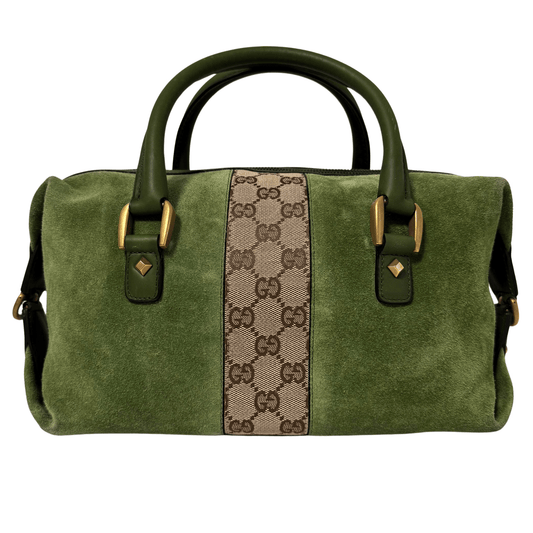 GUCCI Suede Small Boston Bag Green Monogram GG Canvas Leather Bowling, in , Sold by HIVE PRELOVED - Handle Bags, ,