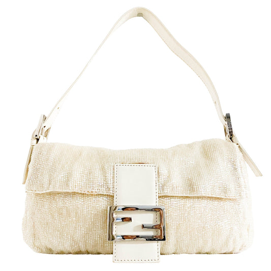 GUCCI White Beaded Baguette Leather Strap Shoulder Bag, Beads in White, Sold by HIVE PRELOVED - Shoulder Bags, ,