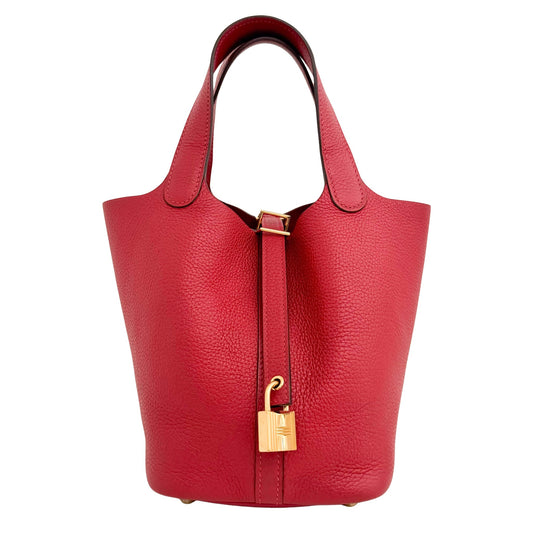 HERMÈS 2018 Picotin Lock 18 PM Rouge Grenat Gold Hardware Clemence, in , Sold by HIVE PRELOVED - Handle Bags, ,