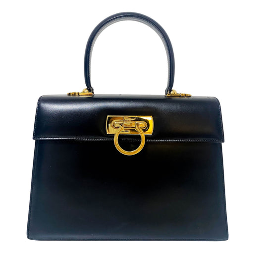 SALVATORE FERRAGAMO Gancini Black Box Calf Leather Top Handle Bag, in , Sold by HIVE PRELOVED - Crossbody bags, Handle Bags,